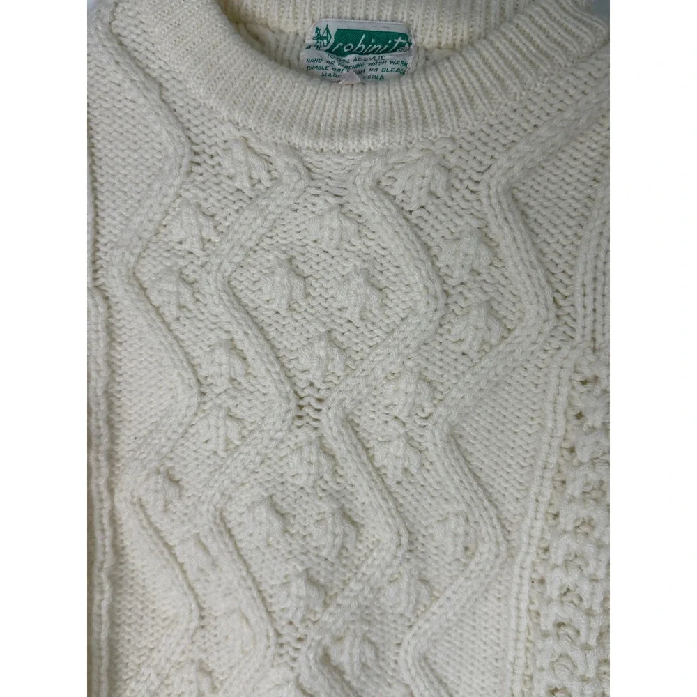 Robinitt Kids Vtg Cable Knit Sweater Cream Medium Acrylic Pullover‎ Long Sleeve